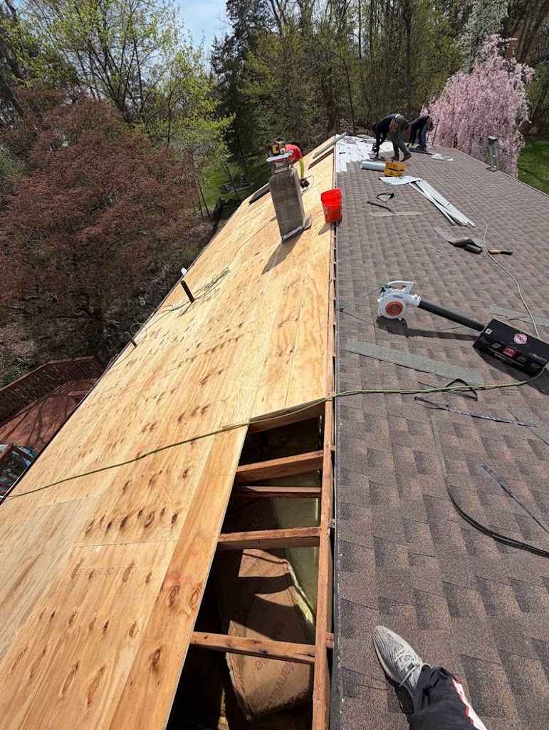 New plywood decking going down next to the old shingles during a tear-off